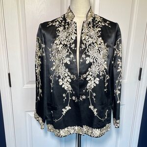 Vintage Satin Black Evening Jacket with Cream Embroidery Size 8